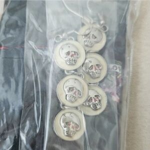 Ed Hardy Silver Skull Drop Earrings with Cream and Red Accents